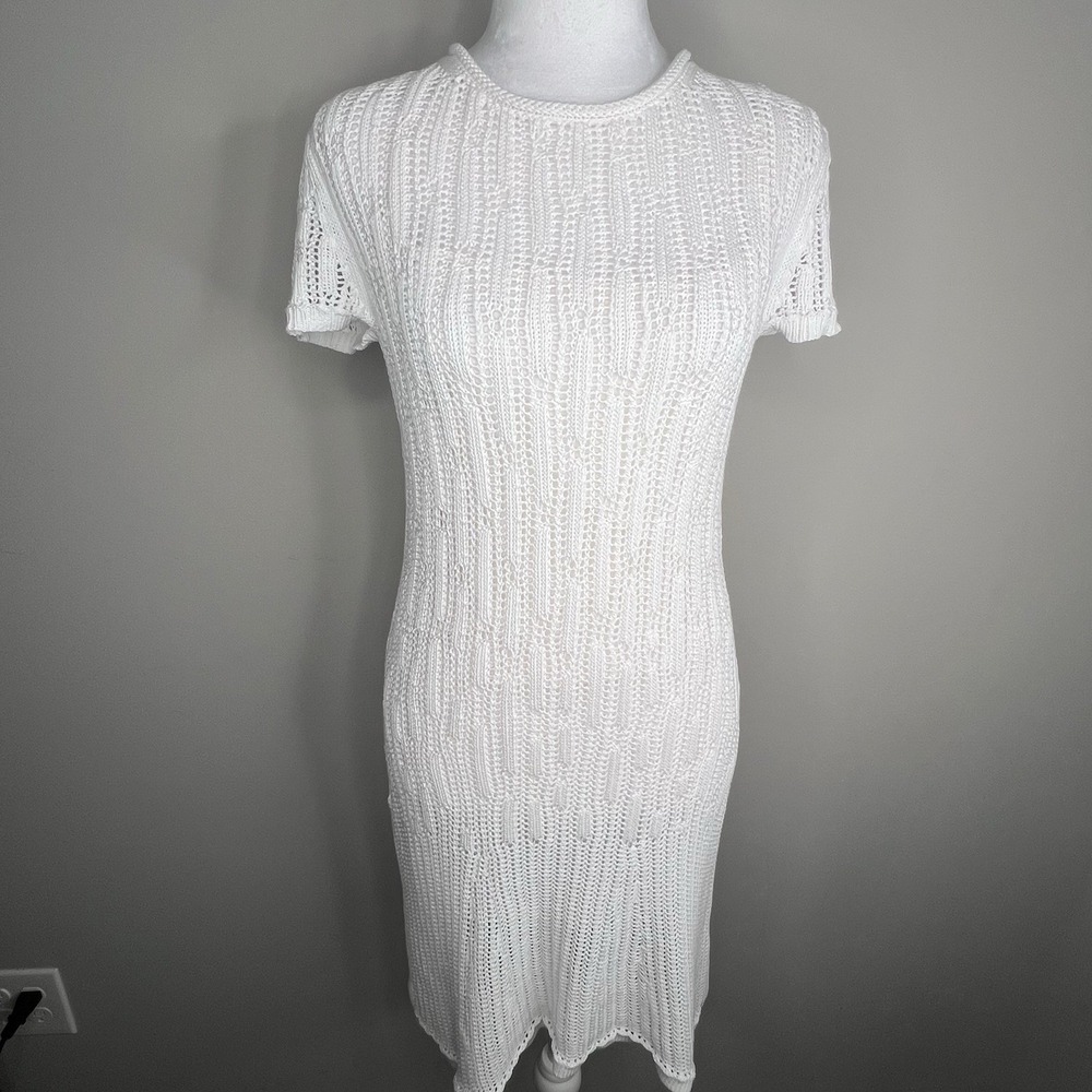 Theory Klea White Knit Dress Silk Lined Roll Neck Cotton Short Sleeve Petite